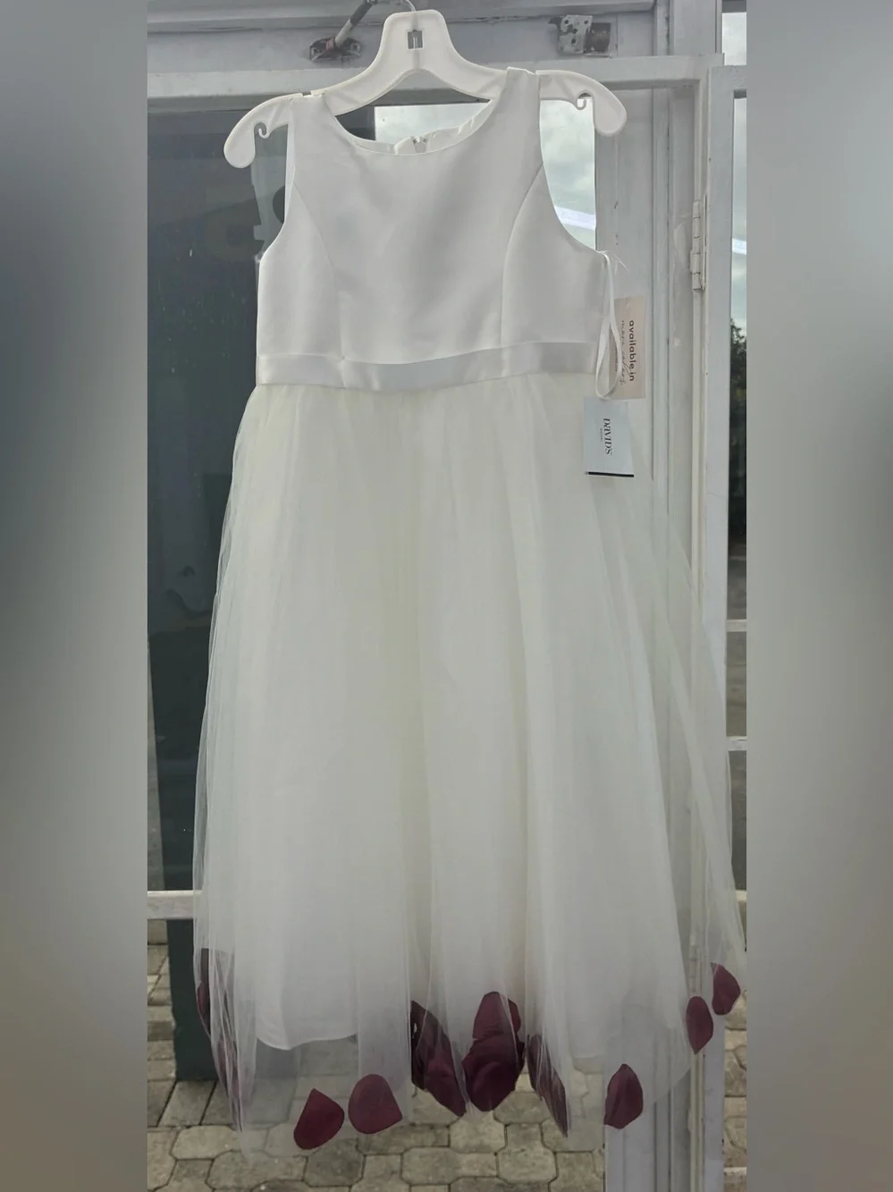 David's Bridal White Flower Girl Dress with Petal Accents - Picture 2 of 4